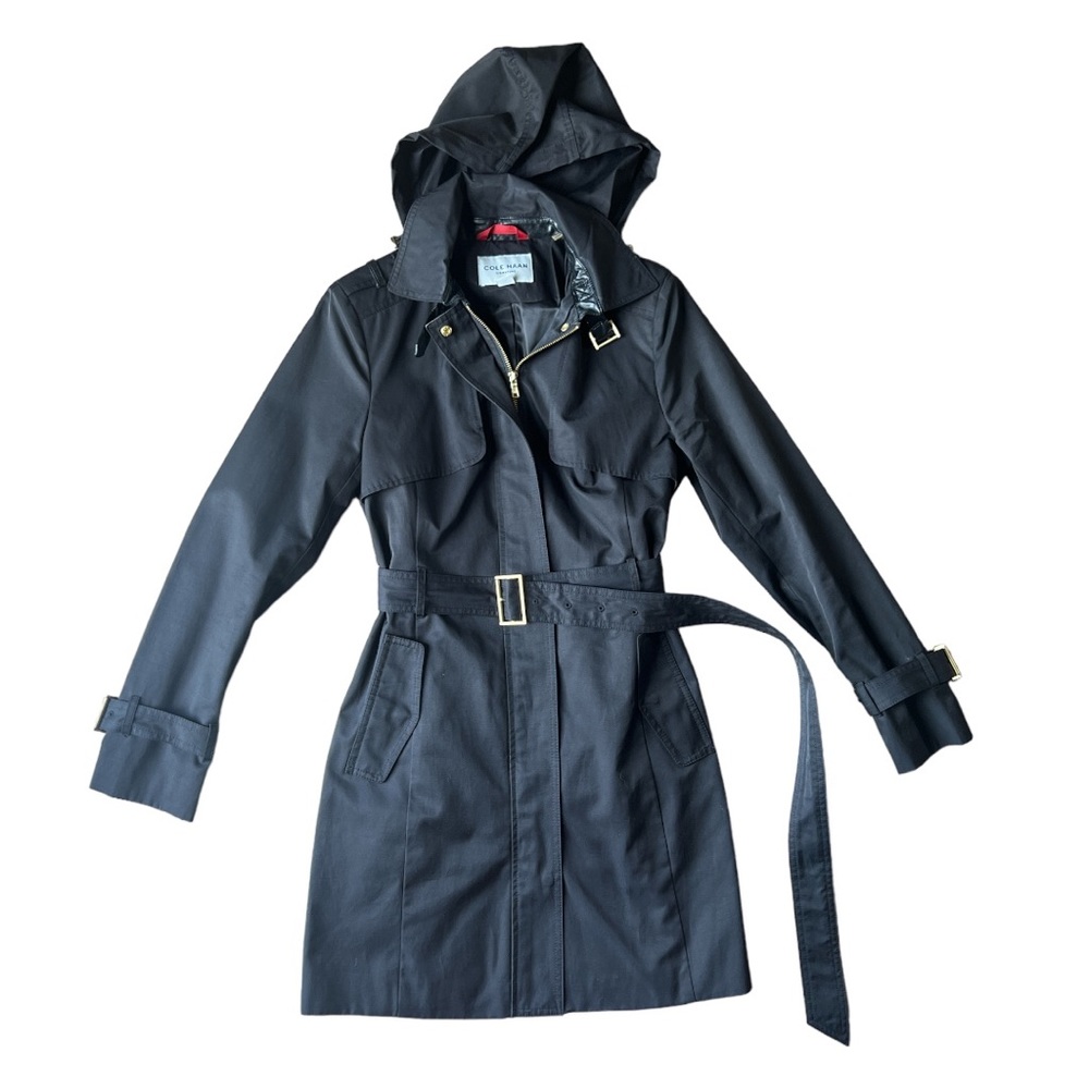 Cole Haan Signature Women’s Black Trench Coat Mid Length Removable Hood, Small